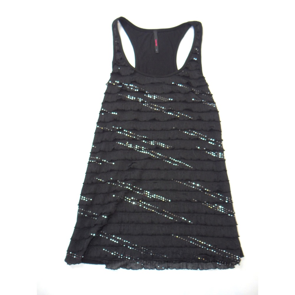 Y2K‎ Candy Rain Womens Black Ruffle Sequin Racerback Tank Top Size L Slim Fit